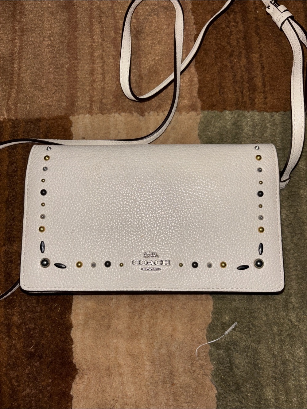 Coach White Pebbled Leather Crossbody with Gold & Black Stud Accents